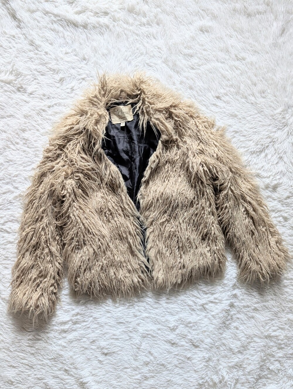 Y2K Lip Service Tan Faux Fur Monster Shag Open Front Fall Kawaii Goth Jacket XS
